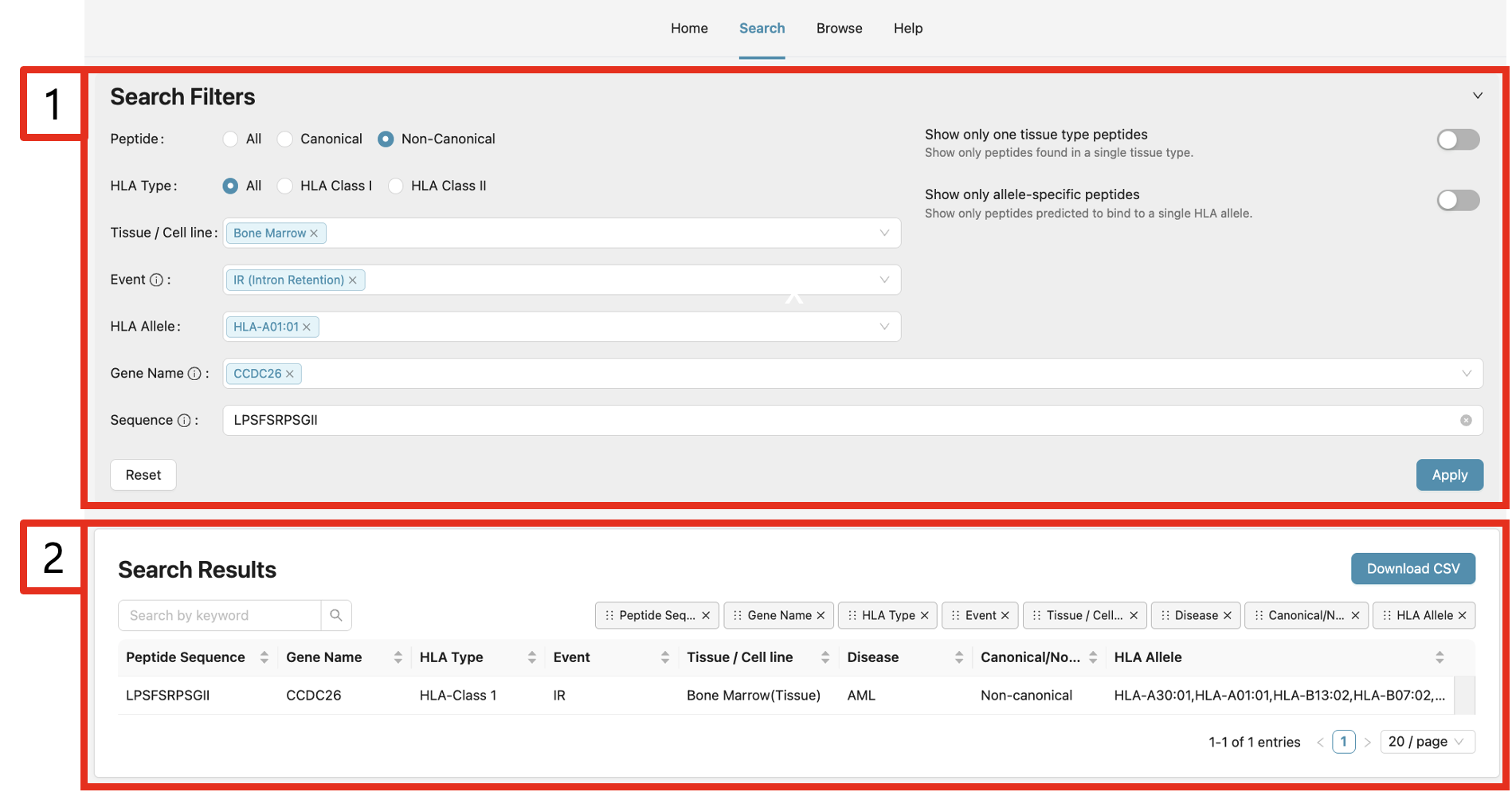 Search filters and results overview